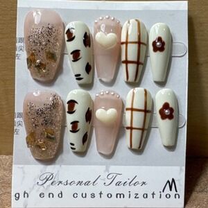 Press On Nails Set Beige Brown Flower Heart Plaid‎ Glue On False Nails